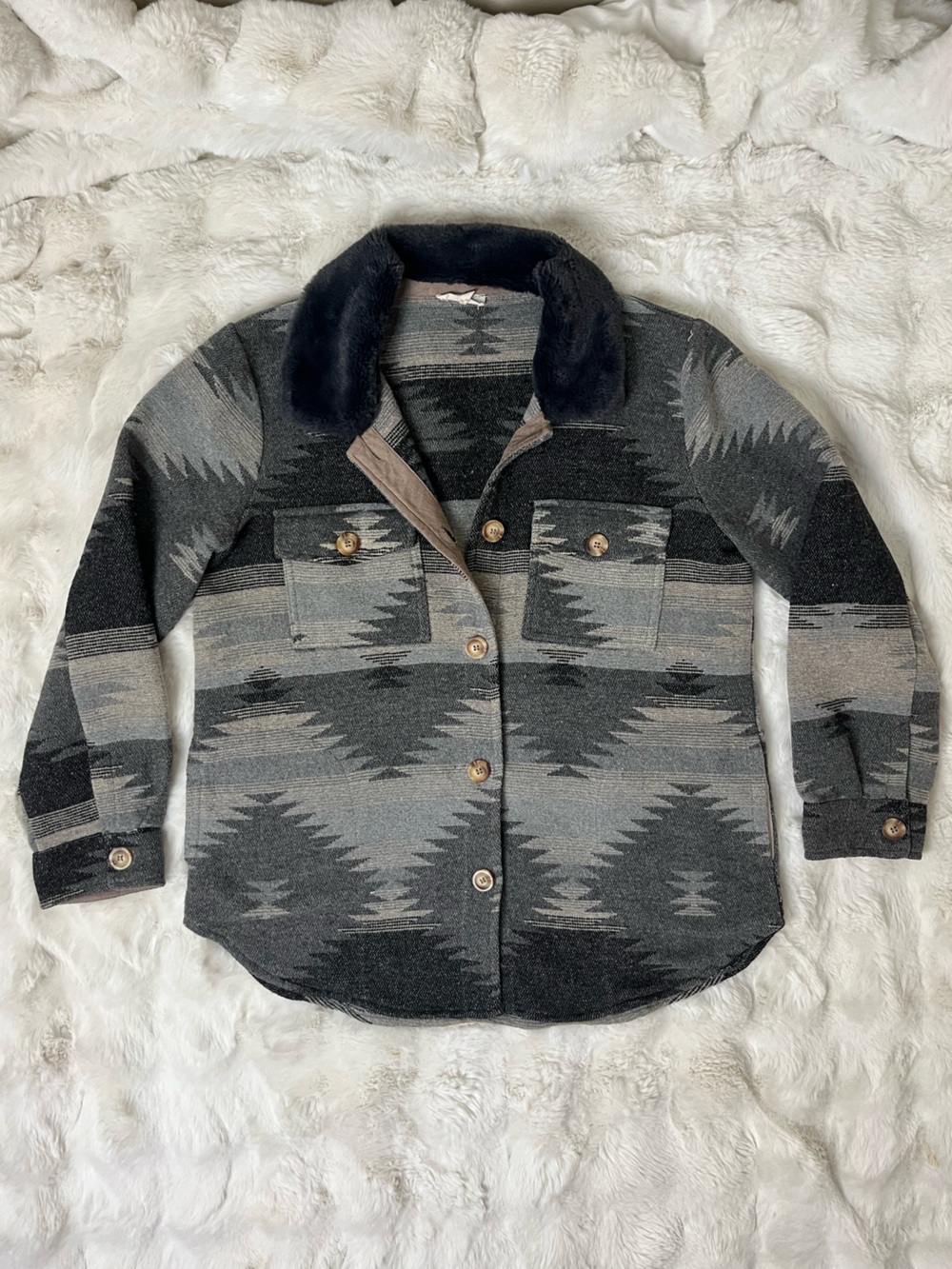 Mystree Size L Aztec Print Sherpa Collar Jacket Grey Pattern Button Front Coat